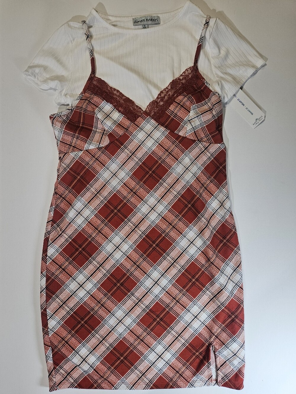 NWT Almost Famous Dress Juniors XL Red Tartan Plaid Layered 90s Academia